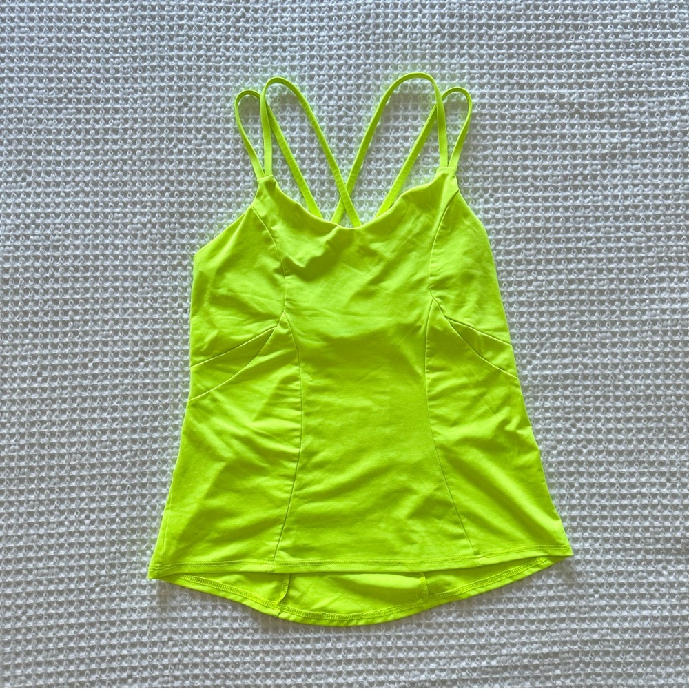 Lucky In Love Built In Bra Strappy Tennis Top Women's Size S Neon Yellow Stretch